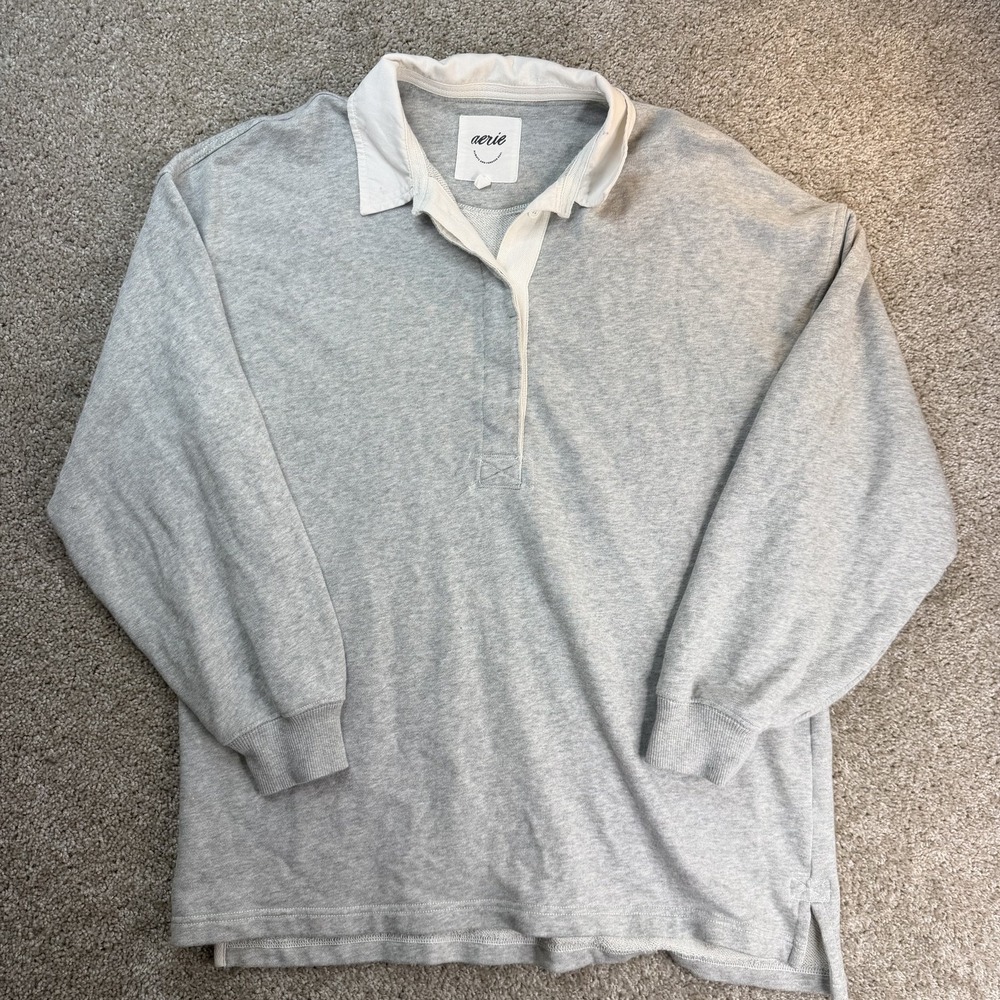 Aerie Shirt Womens M Gray Collared Long Sleeve Polo Knit Pullover Top Casual